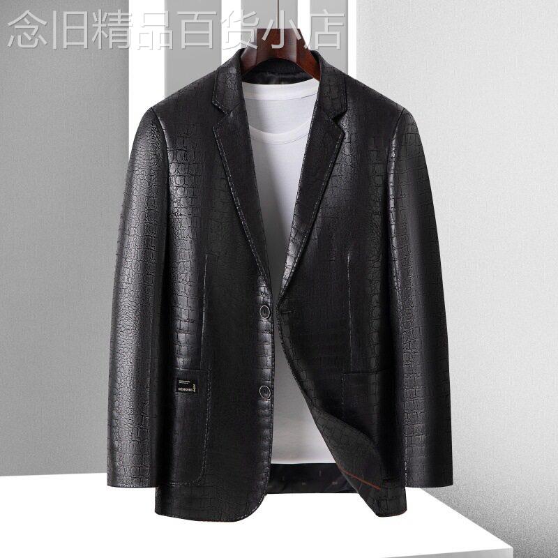 2025秋季皮西服男青年潮胖加肥加大码时尚休闲印花皮西装外套单西