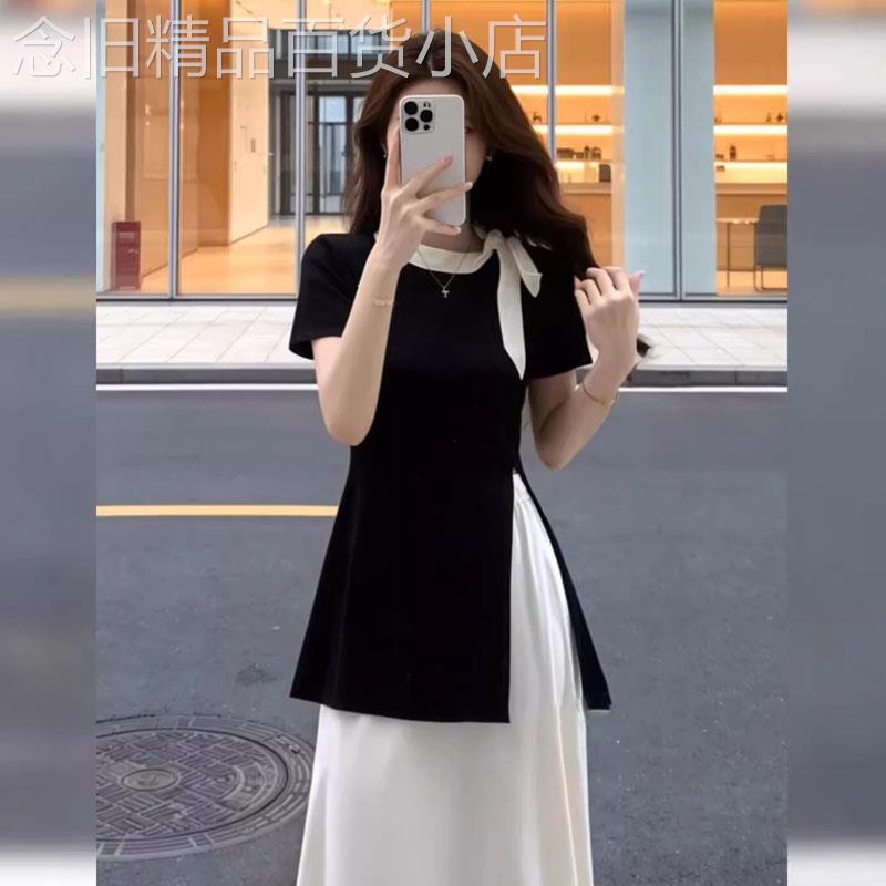 高级感蝴蝶结短袖T恤女夏季欧货大尺码胖MM开叉中长版修身显瘦上