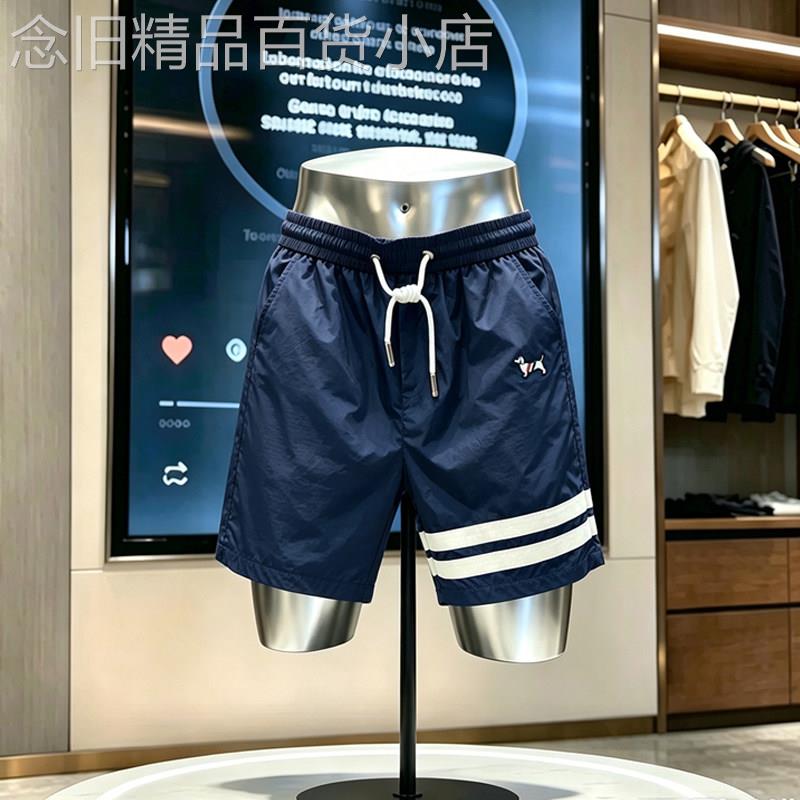 轻奢夏季户外条纹直筒沙滩裤男士宽松小狗刺绣速干口袋休闲五分裤