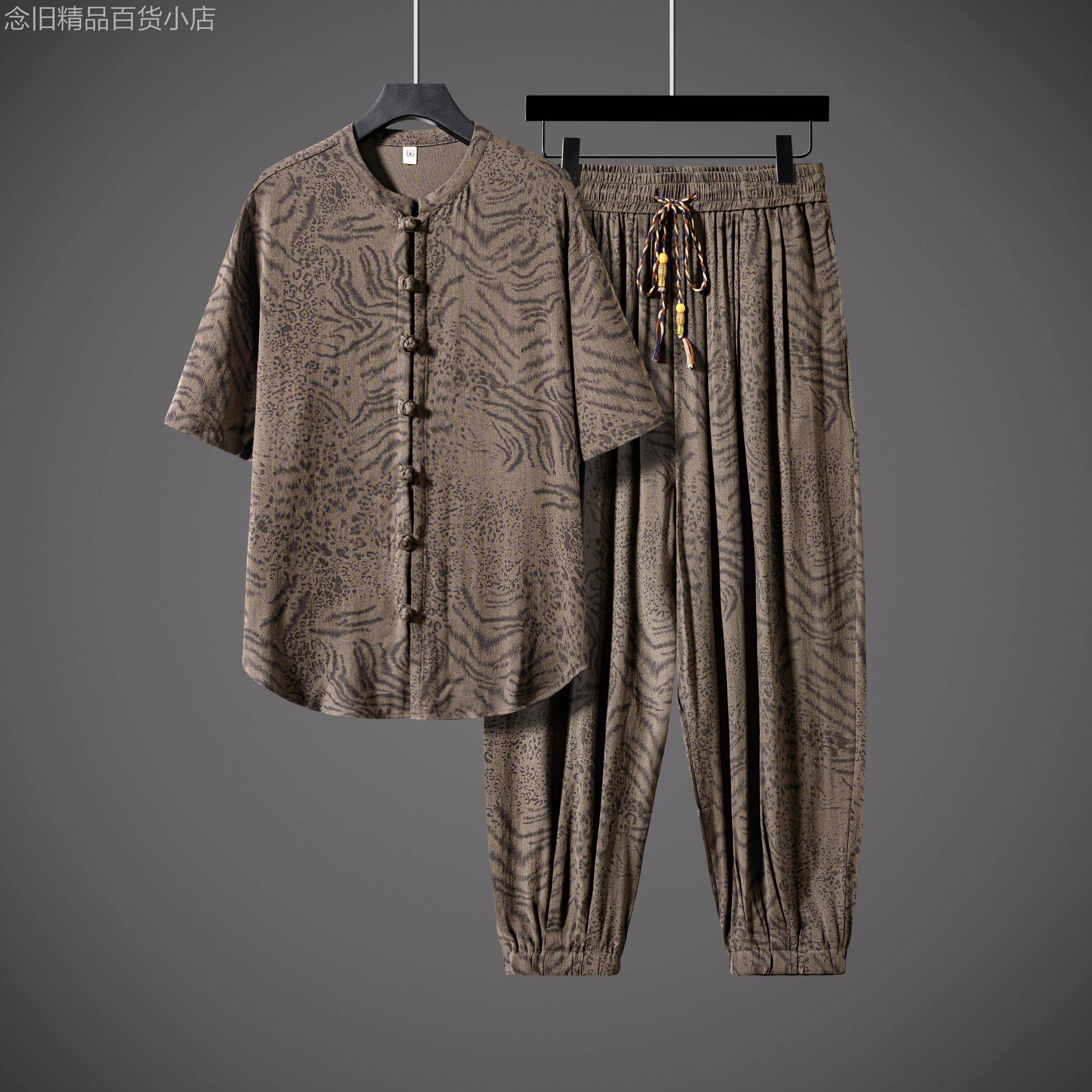 潮牌复古休闲两件式茶服男士夏季新款中式唐装高端冰丝运动套装
