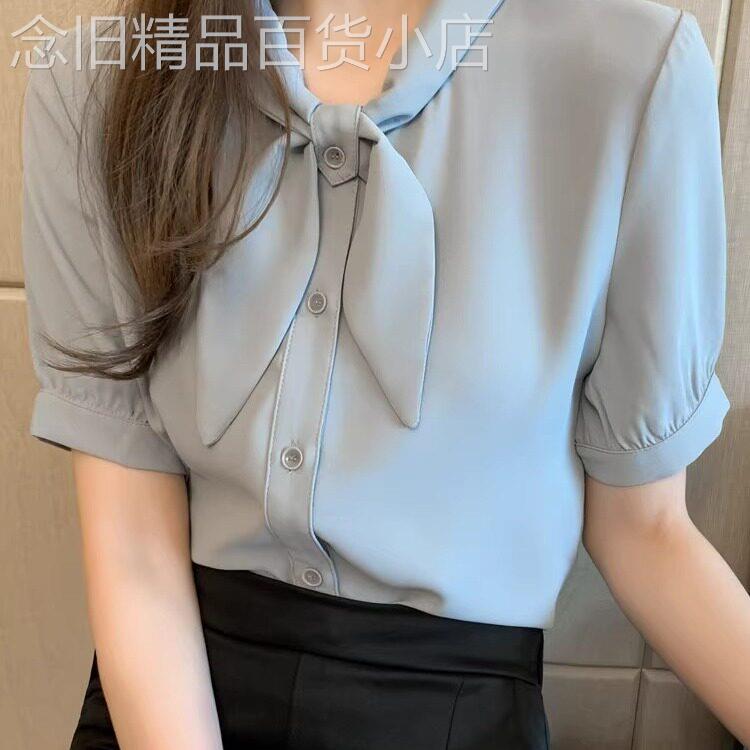 职业雪纺衬衫女短袖夏季薄款蝴蝶结气质工作服时尚洋派正装白衬衣