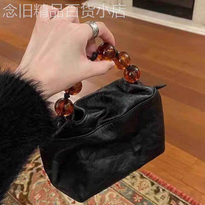 法国ZAMP手提包包女2026秋新款高级手抓纹通勤黑色串珠单肩斜挎包