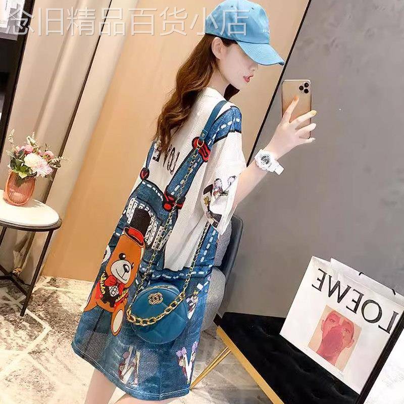 网红ins超火短袖t恤女夏装欧货宽松中长款假两件可爱休闲上衣服潮