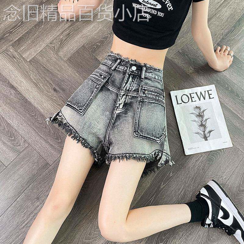 黑灰色牛仔短裤女夏新款高腰宽松阔腿设计感毛边高街辣妹热裤