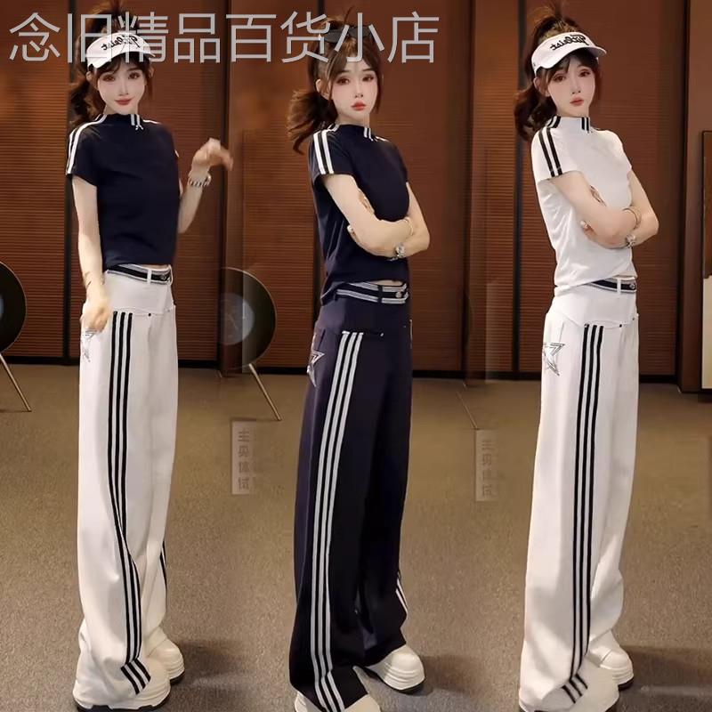 香港代购时尚休闲套装女夏季新款显瘦短袖T恤上衣阔腿裤两件套潮