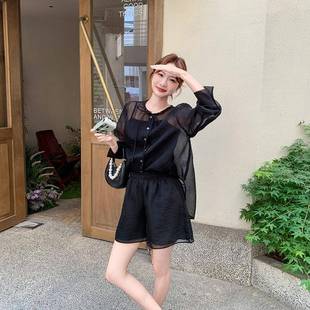 两件套 正品 2025夏新款 黑色御姐气质轻薄防晒上衣套装 女高级感短裤