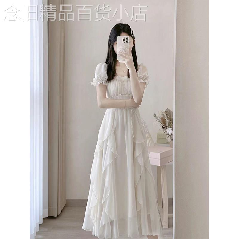 雪纺连衣裙女2026新款夏高级感公主仙气白色A字裙温柔小个子长裙