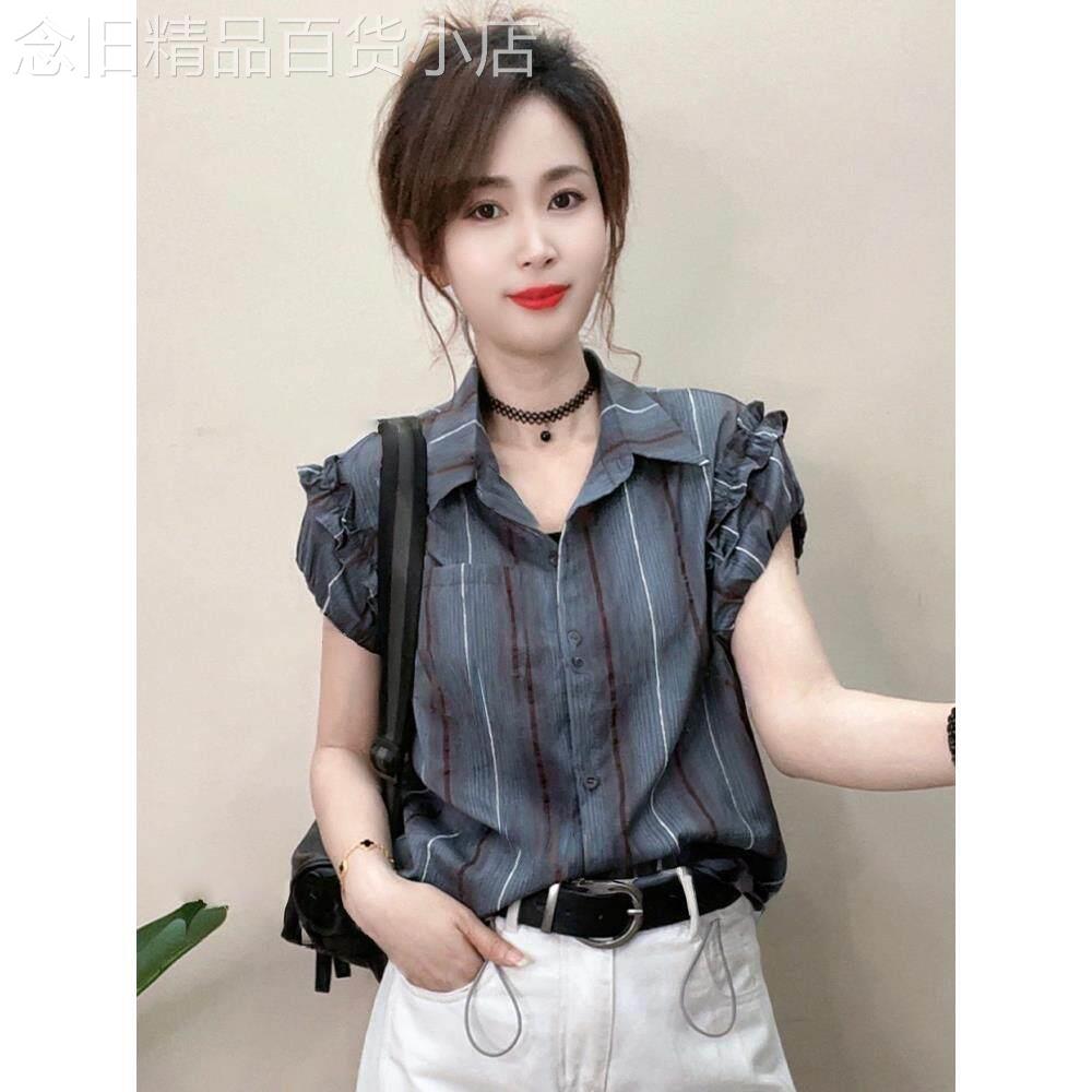 灰色条纹短袖衬衫女士夏季新款韩版宽松花边小衫短款休闲洋派上衣