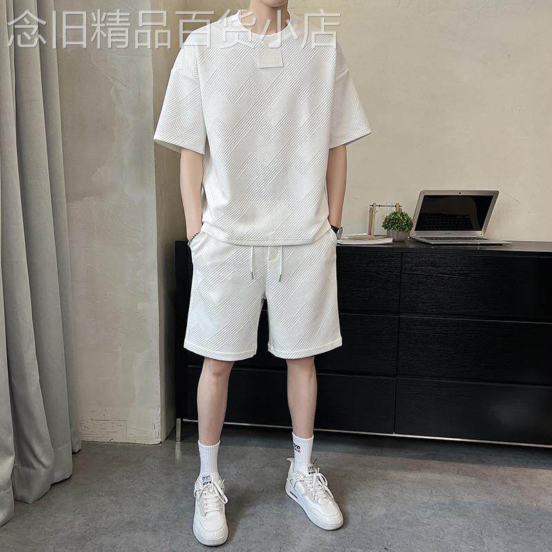 华夫格短袖套装男士夏季宽松半袖休闲 短裤搭配一套时尚男装两件