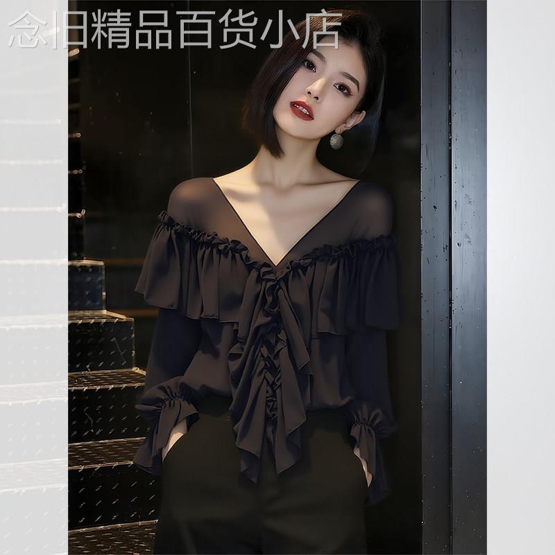 雪纺拼接荷叶边高级感衬衫2026春夏新款女装复古显瘦气质上衣衬衫