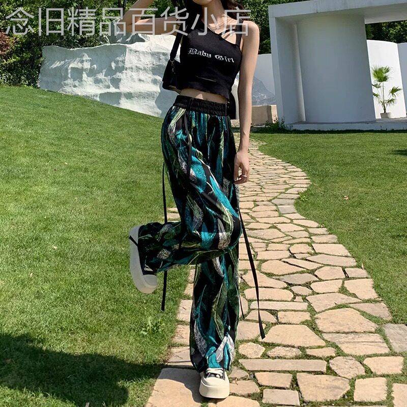 扎染阔腿裤女夏季薄款大码高腰显瘦垂感印花裤子飘带设计休闲裤潮