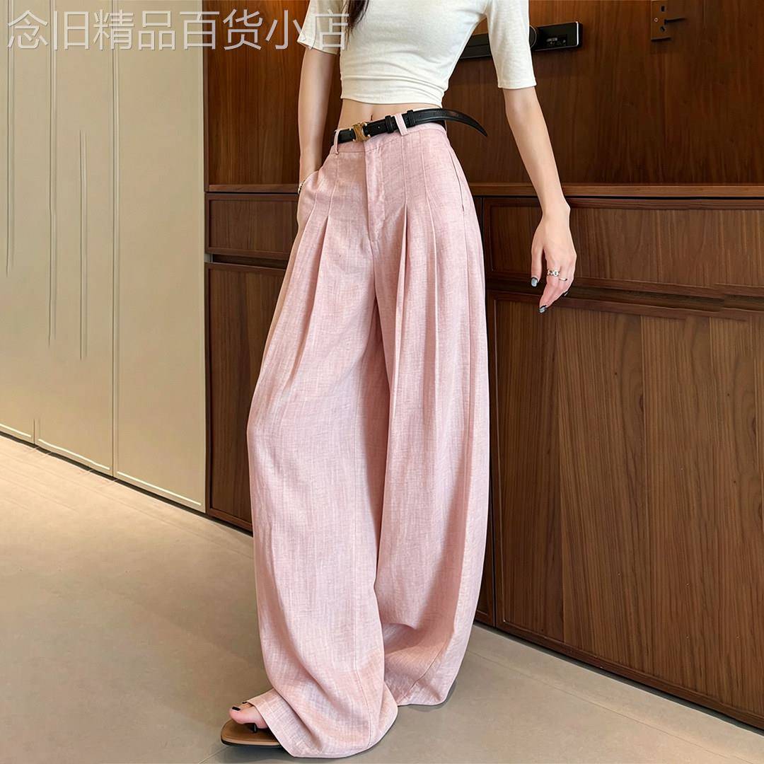 粉色阔腿裤女2026夏季新款薄款加长高个子高腰垂感老钱西装休闲裤
