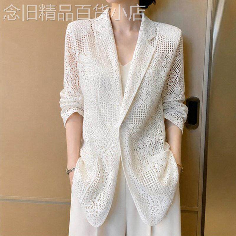复古镂空西装外套女2026秋季新款大码休闲气质高级感蕾丝西服上衣