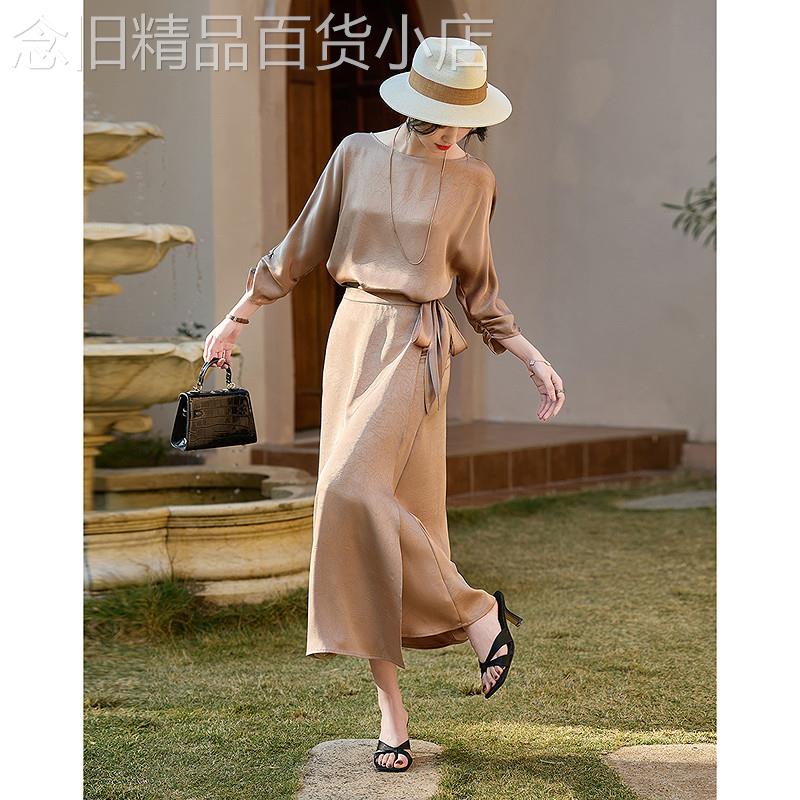 德玛纳静奢风围裹式连衣裙女26夏季新款简约通勤七分袖收腰中长裙