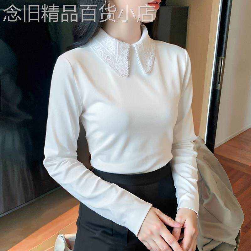 蕾丝领打底衫翻领内搭气质小香风双面德绒秋冬气质洋气叠穿上衣