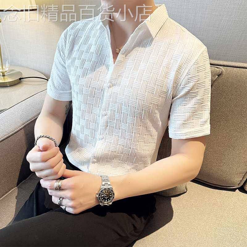 潮牌新款修身商务短袖衬衫男士高端冰丝薄款痞帅条纹半袖纯色衬衣