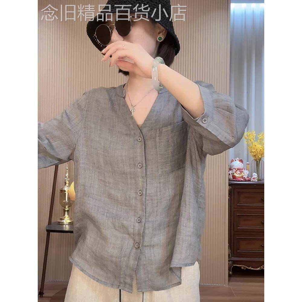 棉麻衬衫女士夏季薄款2026新款宽松慵懒风休闲V领七分袖衬衣上衣