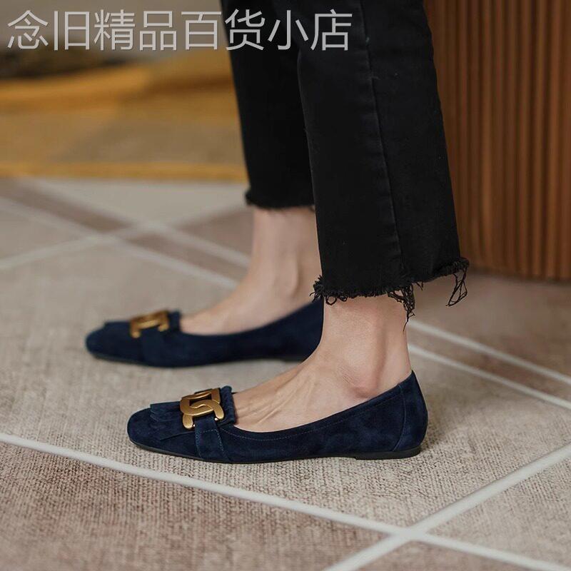 方头浅口单鞋女2026年春夏新款金属扣复古软皮流苏磨砂平底豆豆鞋