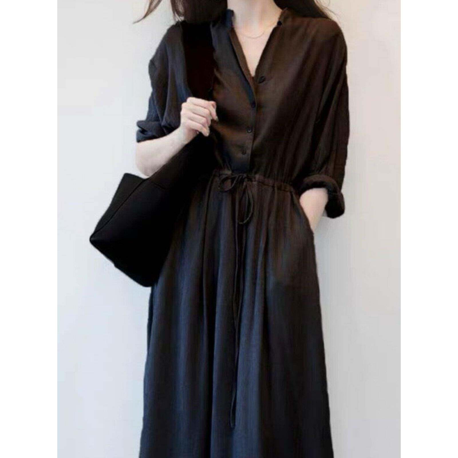 黑色棉麻连衣裙女2025年夏季新款收腰显瘦高级感长袖亚麻衬衫裙女