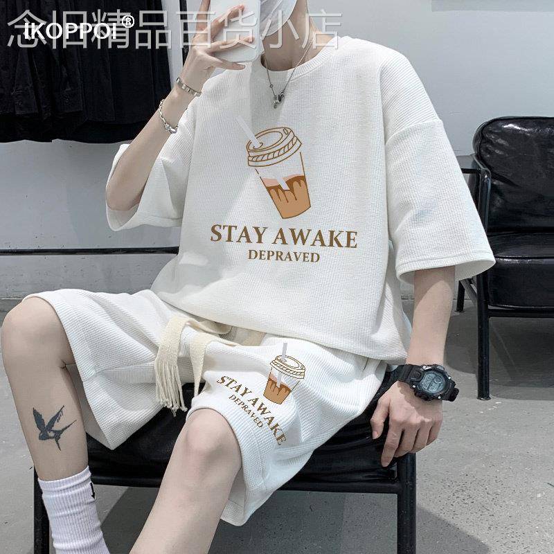 休闲运动套装男士夏季T恤短裤搭配一套美式印花宽松百搭两件套潮