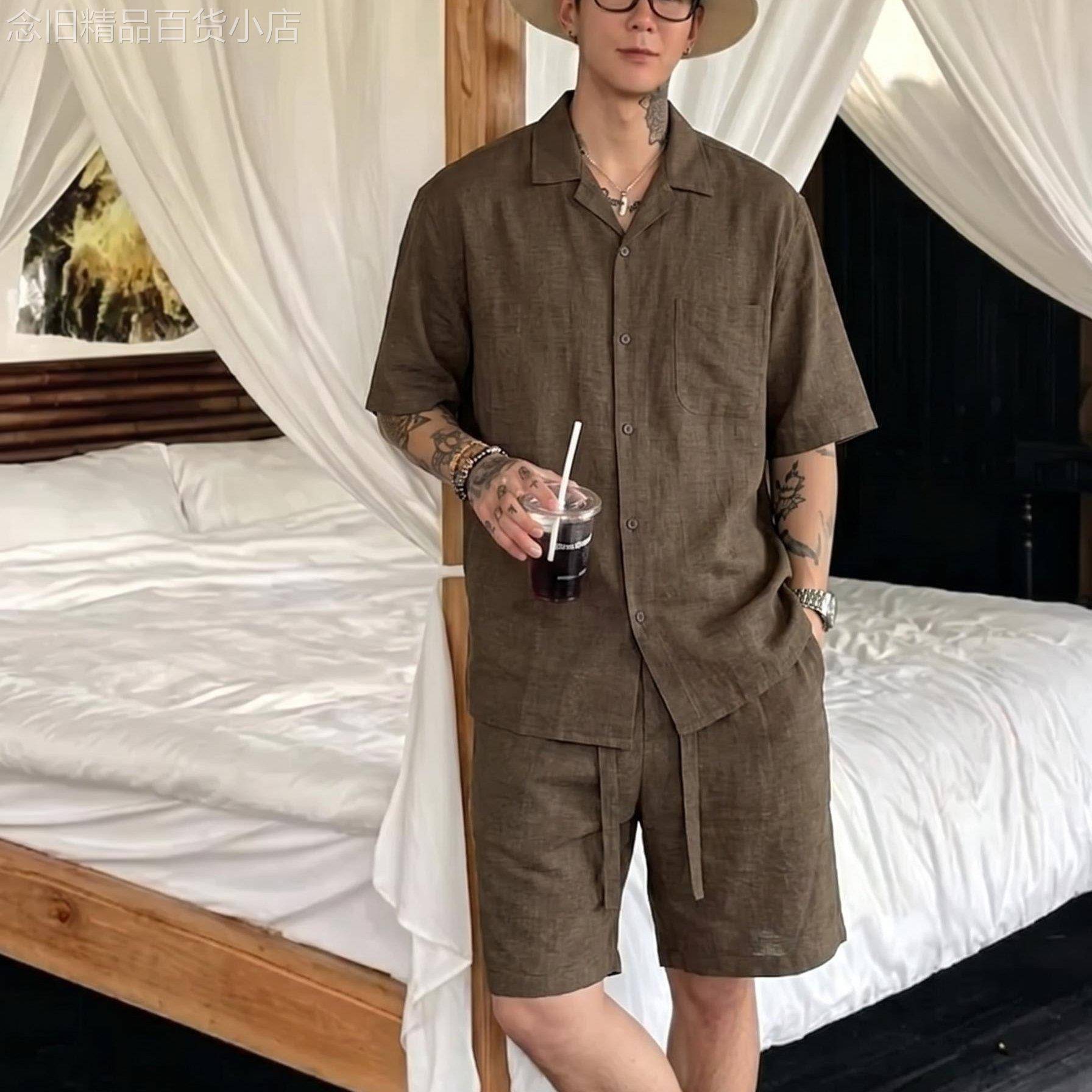 复古咖调肌理棉麻两件套男夏季翻领短袖衬衫飘带抽绳五分短裤套装
