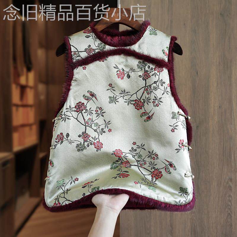 绿色超好看真丝新中式棉服马甲女冬季国风提花桑蚕丝背心夹棉外套