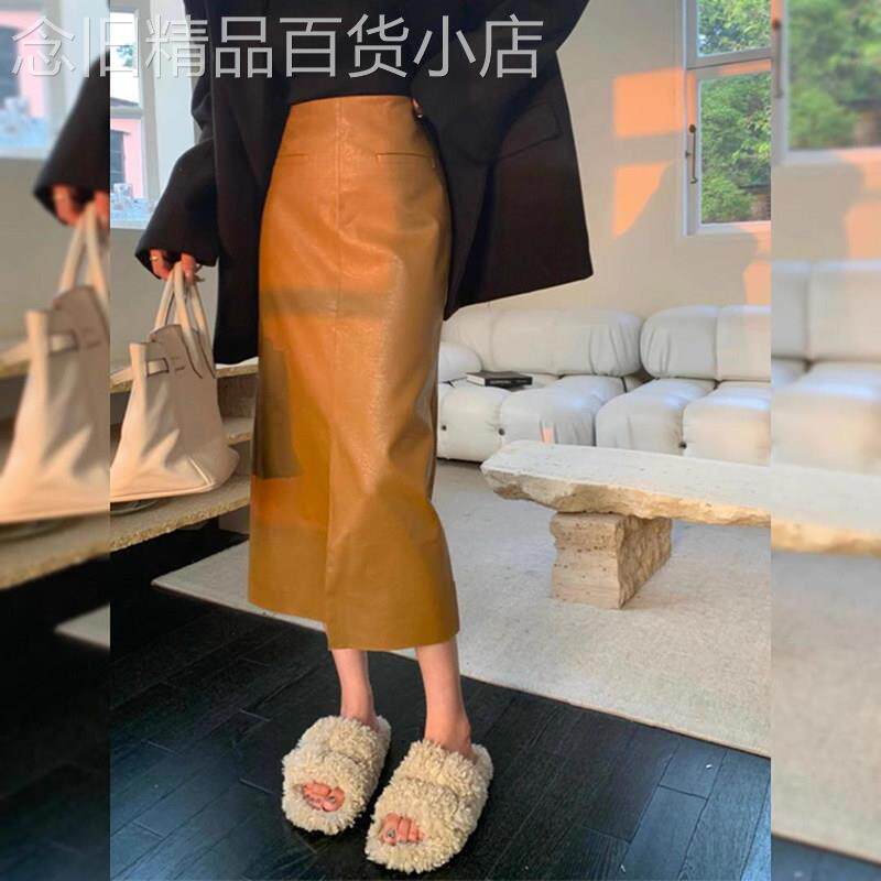 咖色皮裙女2025年新款春季中长款高级感御姐a字包臀裙开叉半身裙