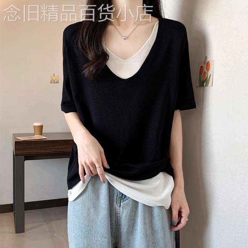 撞色假两件V领短袖T恤女夏季大码胖MM慵懒风宽松百搭薄款冰丝上衣