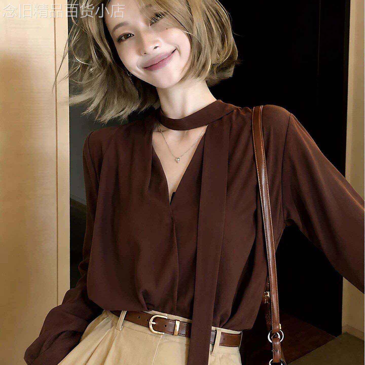 法式高级感挂脖飘带衬衫女春秋通勤轻熟气质雪纺咖色长袖宽松上衣