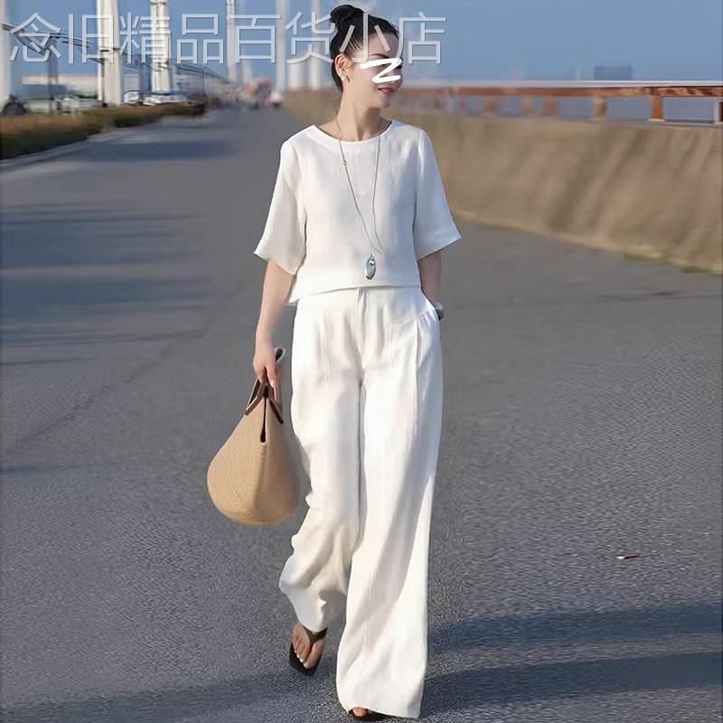 欧洲站棉麻休闲运动套装女2026新款夏季简约风亚麻上衣裤子两件套