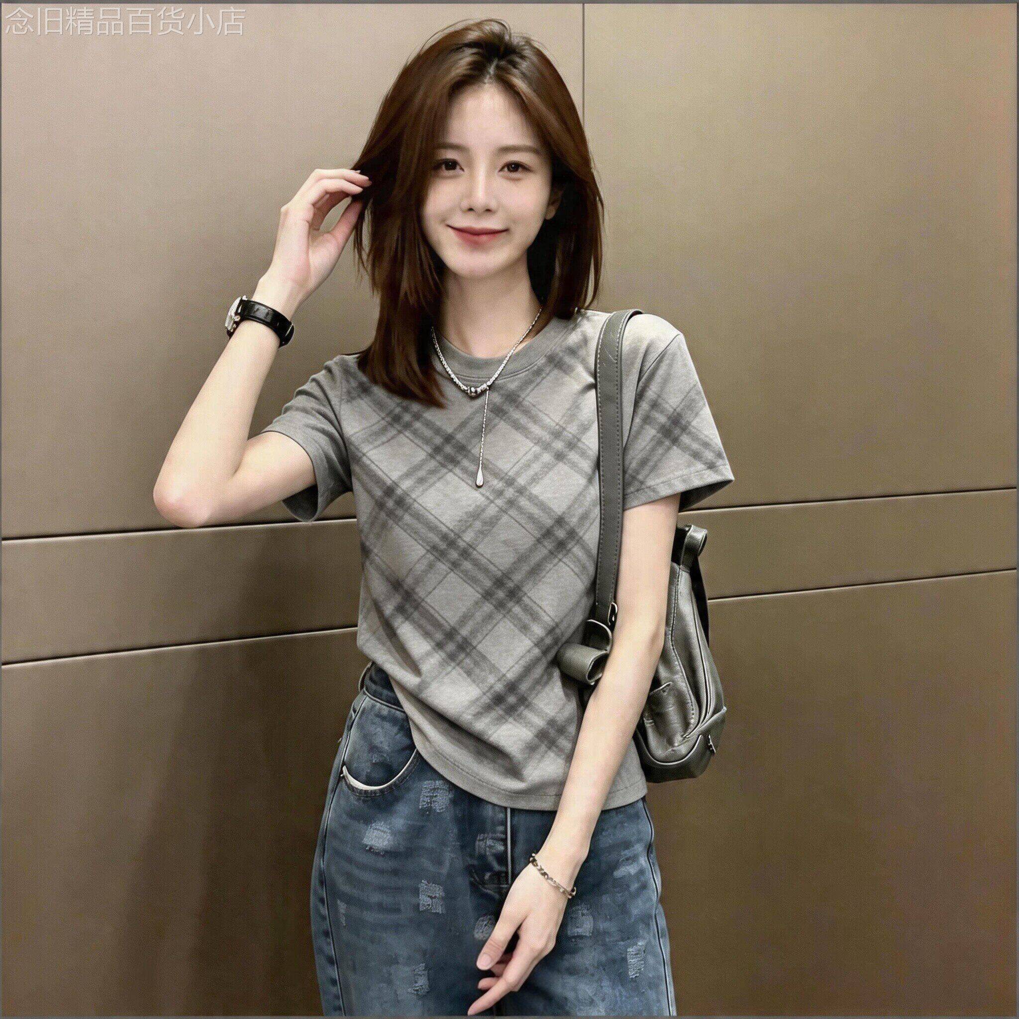 轻奢英伦格纹正肩短袖T恤女夏季宽松显瘦薄款纯棉休闲百搭上衣潮
