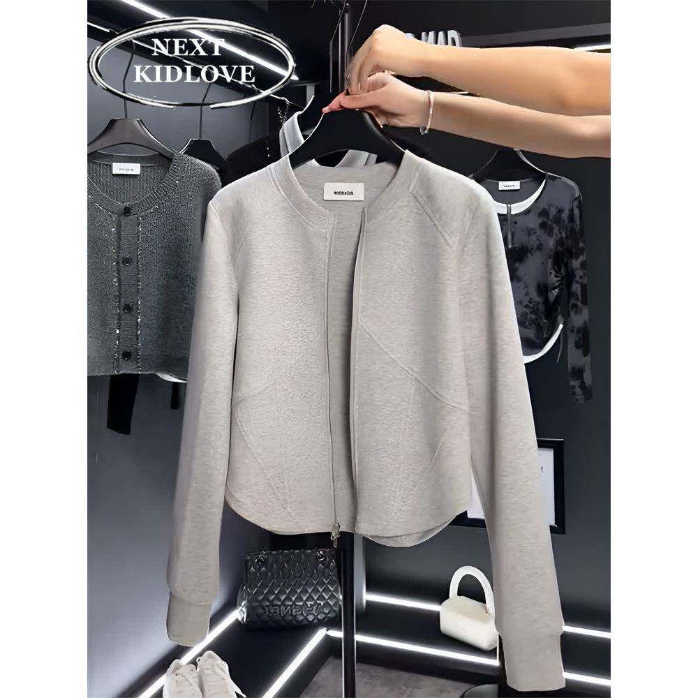 香港小个子长袖无领灰色卫衣短外套女春秋爆款设计感小众开衫上衣