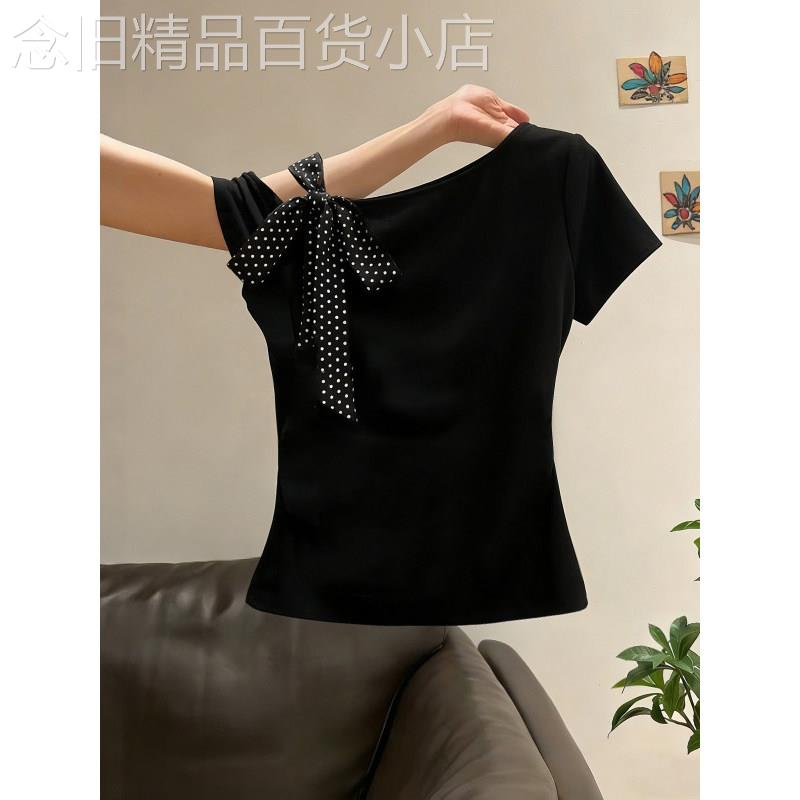法式波点蝴蝶结绑带短袖T恤女夏季穿搭辣妹掐腰显瘦性感露肩上衣