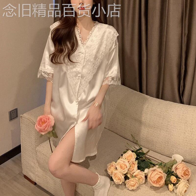 宋辣辣睡裙女2026年甜美睡衣夏性感真丝薄白色衬衫蕾丝花边家居服