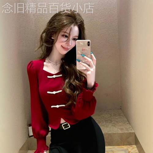 红色方领衬衫女秋季大码胖mm国风盘扣漂亮小衫短款喇叭袖中式上衣