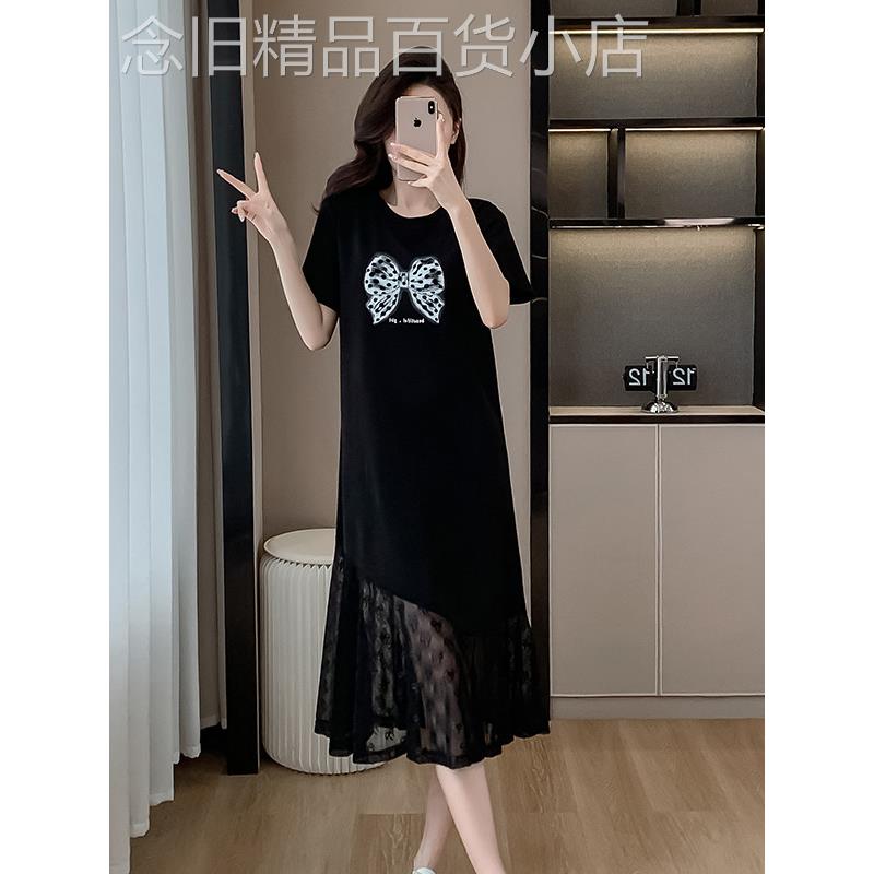 潮牌夏季大码女装中长款遮肚短袖t恤裙胖妹妹蕾丝拼接显瘦连衣裙