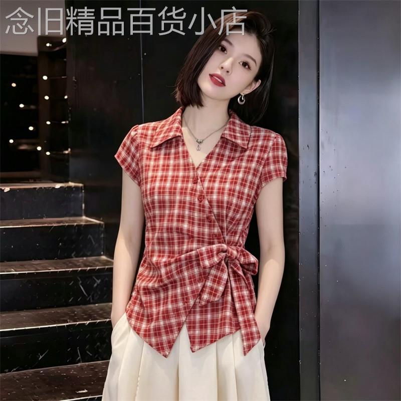 格子系带短袖衬衫女士2026夏季新款设计感小众时尚减龄POLO领上衣