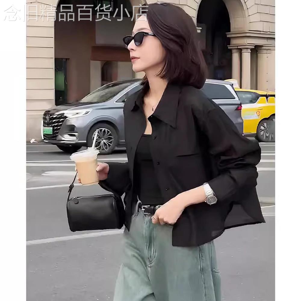 薄款黑色polo领长袖防晒衬衫女夏款新款高级感小个子宽松短款上衣