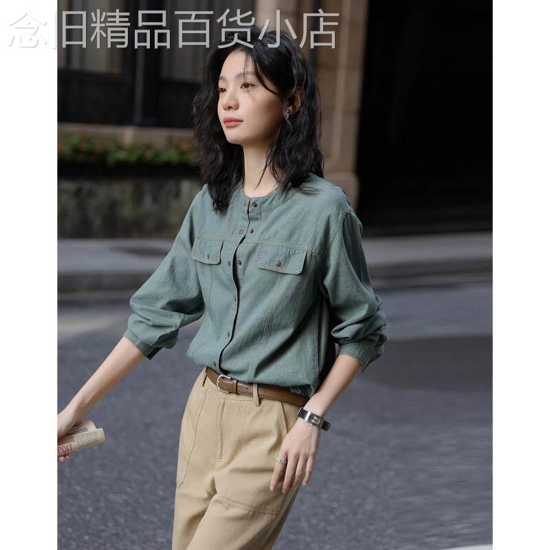 时尚复古圆领2026春季新款云感棉衬衫简约修身通勤牛仔衬衫女上衣