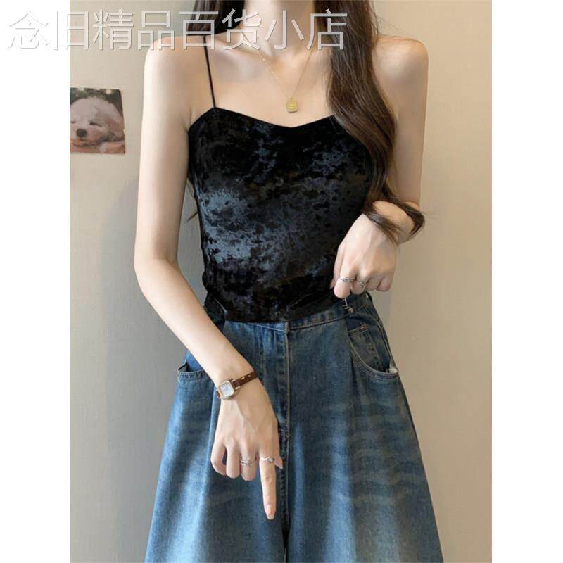 高级感黑色金丝绒吊带背心女春秋欧货大尺码微胖mm内搭打底美背上