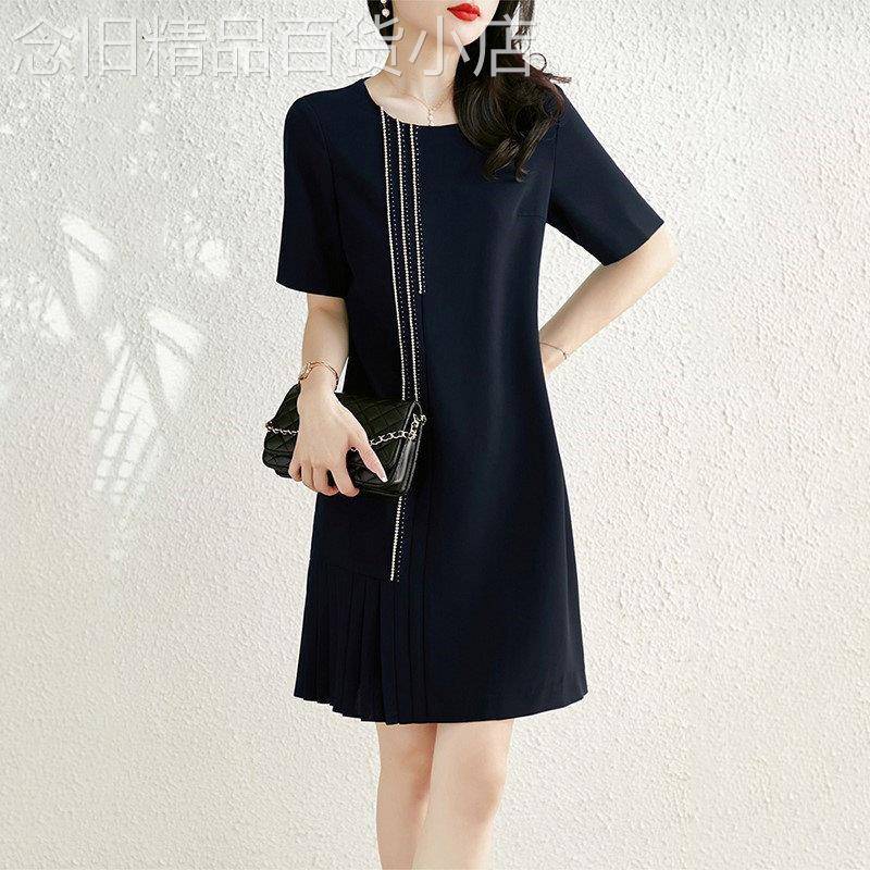 蓝色重工洋装女2025夏新款时尚短袖大尺码胖mm年轻款百搭镶钻裙子