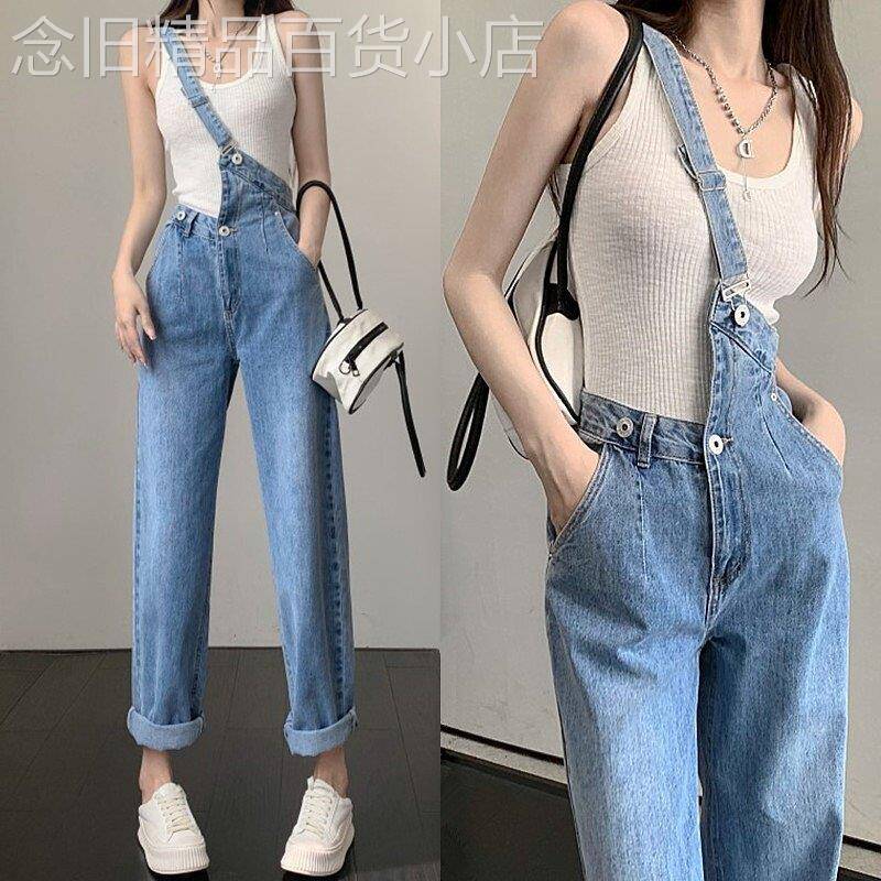 2025夏季新款设计感牛仔背带裤女高级感覆古不规则休闲单肩阔腿裤