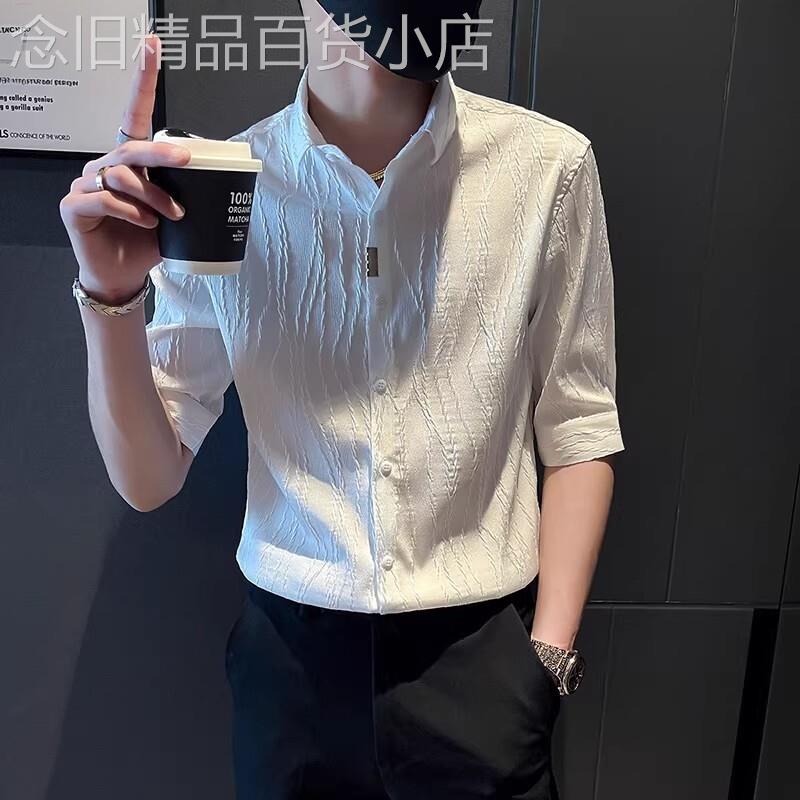 潮牌高级感白色衬衫男士夏季薄款小衬衣男装潮流痞帅纯色短袖上衣