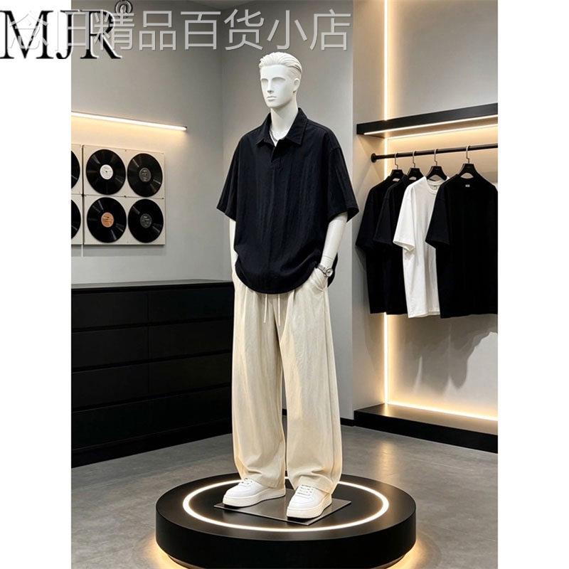 高级感男士老钱风亚麻套装2026新款男装夏装短袖POLO衫两件套穿搭