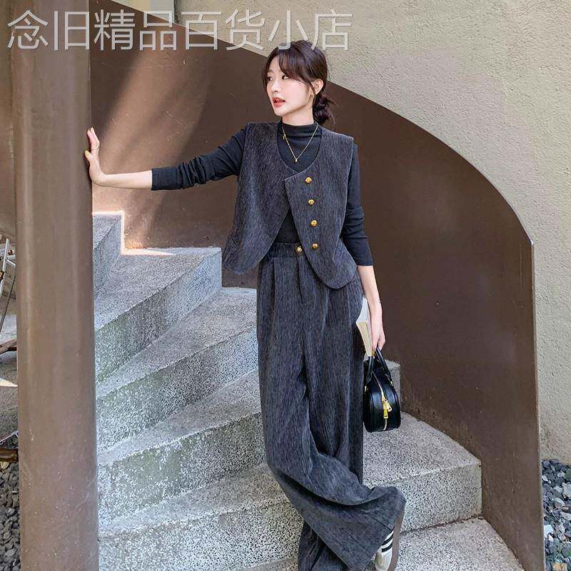 灰色高级感套装女2026秋季新款大方得体穿搭一整套马甲裤子三件套