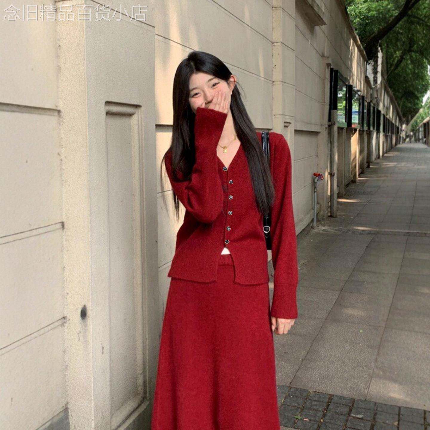 小香风毛衣套装女装春秋新款法式红色针织巨好看的长袖上衣半身裙
