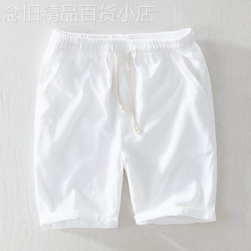 港风亚麻男士短裤青年休闲中腰系带裤子白色宽松五分裤棉麻松紧腰