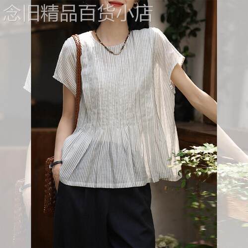 条纹1/4吋套筒扳手袖衬衫高级感独特夏季新款女装时尚洋派减龄上