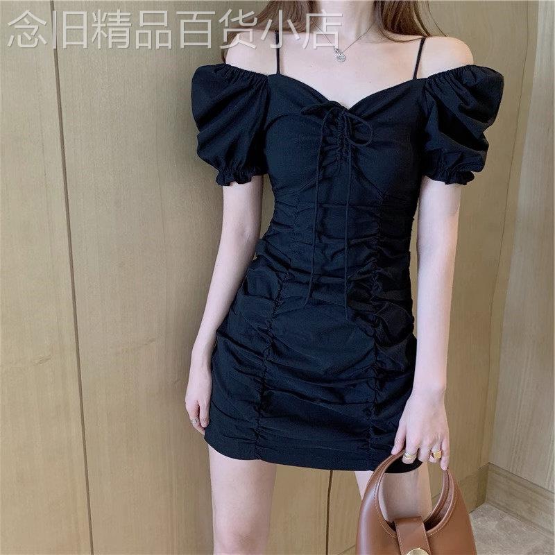 性感一字肩连衣裙女夏季欧货高级感收腰修身包臀辣妹吊带涩谷短裙