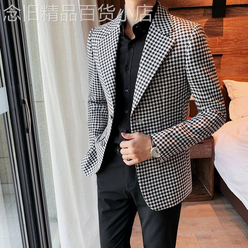 2026春秋新款男士格子西装商务休闲修身青年千鸟格西服外套单西装